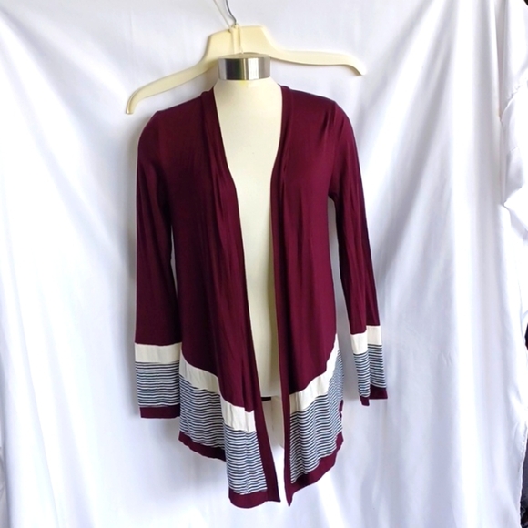 Maurice’s Burgundy Cardigan W/Black&White Stripes, XS, 20" PTP, 28"L - Picture 1 of 7